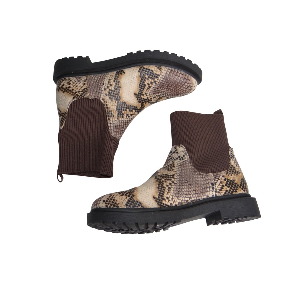 Snakeskin Print Chelsea Sock Boots Brown Tan Lug‎ Sole Ankle Booties Mens 3255